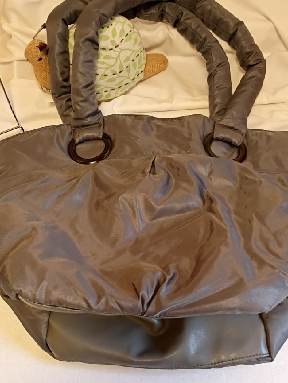 Bath & Body Works Satin Puffer-Style Gray Tote with Padded Handles